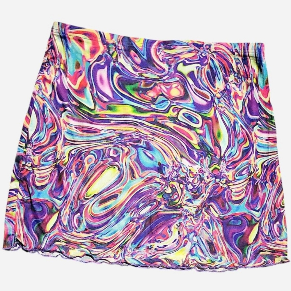 Y2K rave psychedelic trippy purple rainbow multicolor mesh overlay miniskirt
